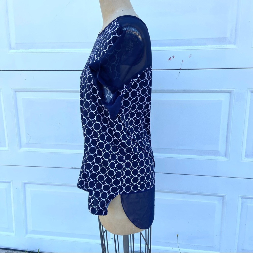Marianne Navy White Circle Pattern Blouse Shirt Sleeve Cuffed Roll Up Sheer Hem!